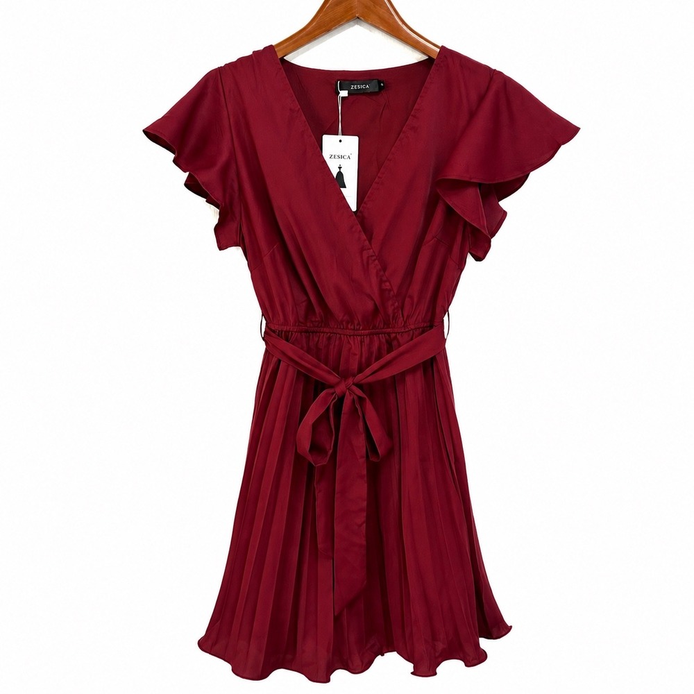 Zesica Womens Wine Red Pleated Mini Dress Flutter Sleeve Wrap V-Neck Size S NEW
